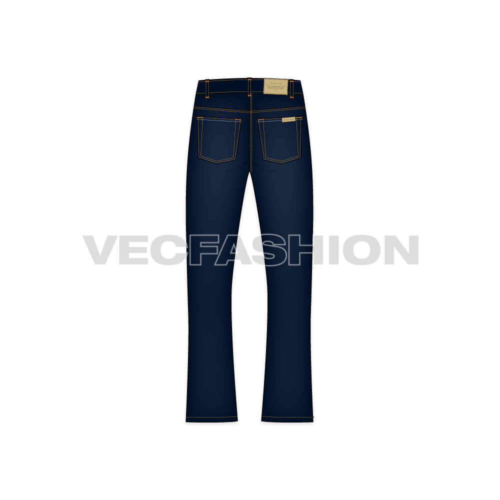 Mens flare leg denim jeans, blue flat sketch, back view