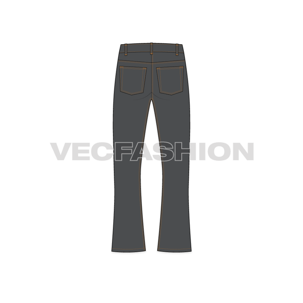 Mens flare leg denim jeans, faded finish flat sketch, back view