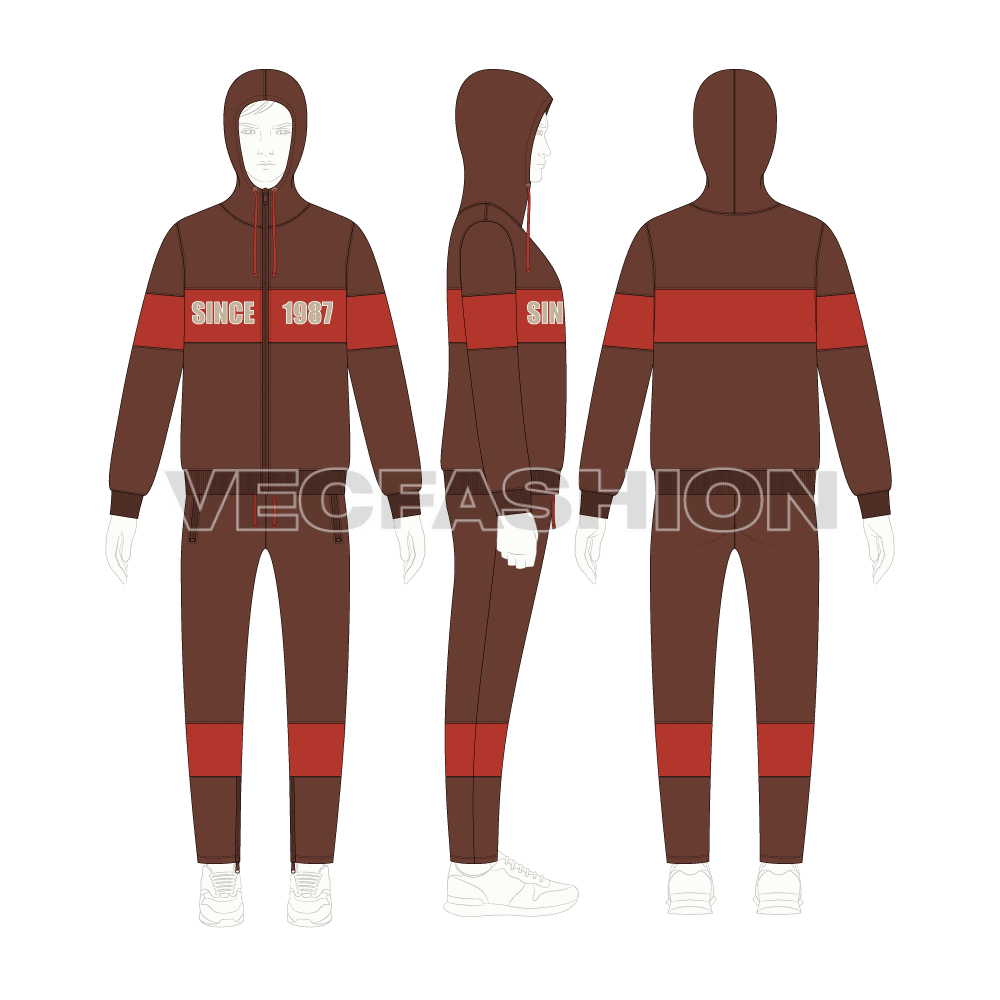 Mens fleece tracksuit flat sketch, on croqui