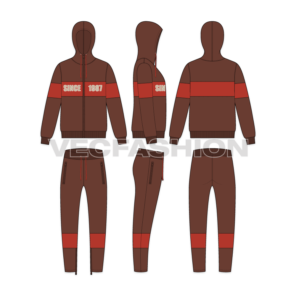 Mens fleece tracksuit flat sketch, showing all views, front, side and back