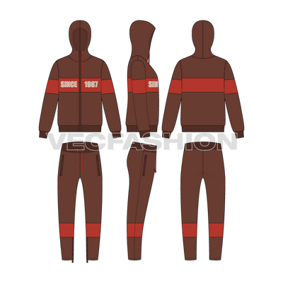 Mens fleece tracksuit flat sketch, showing all views, front, side and back