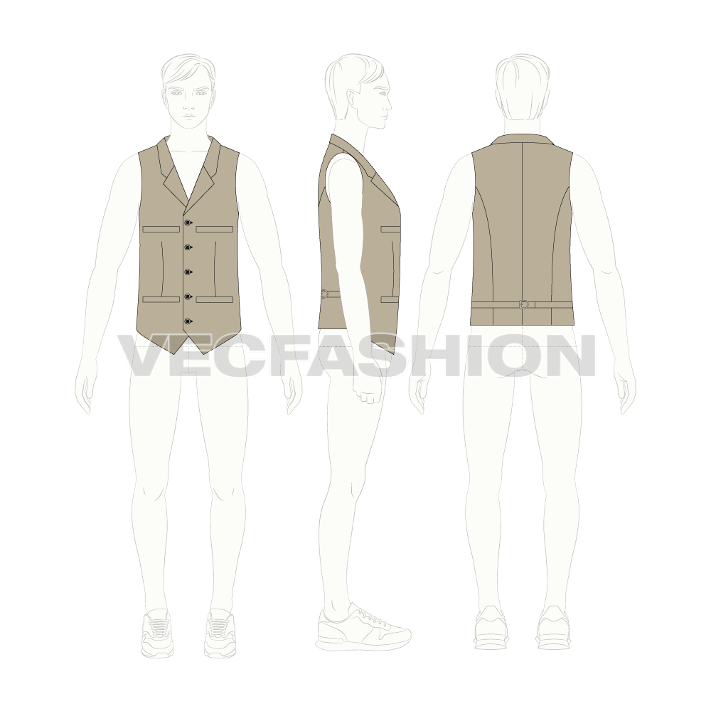 Mens formal vests templates, three designs flat sketch, croqui sketch