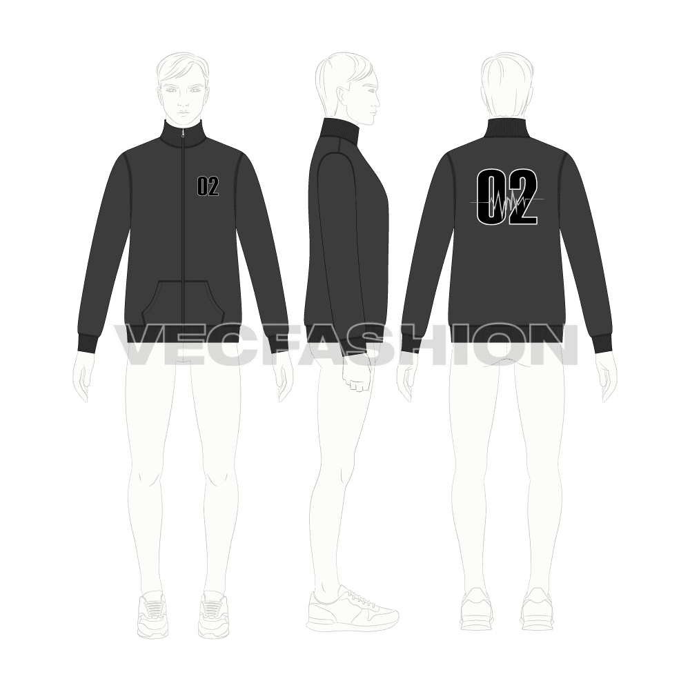 Mens Front Open Training Jacket flat sketch, croqui sketch