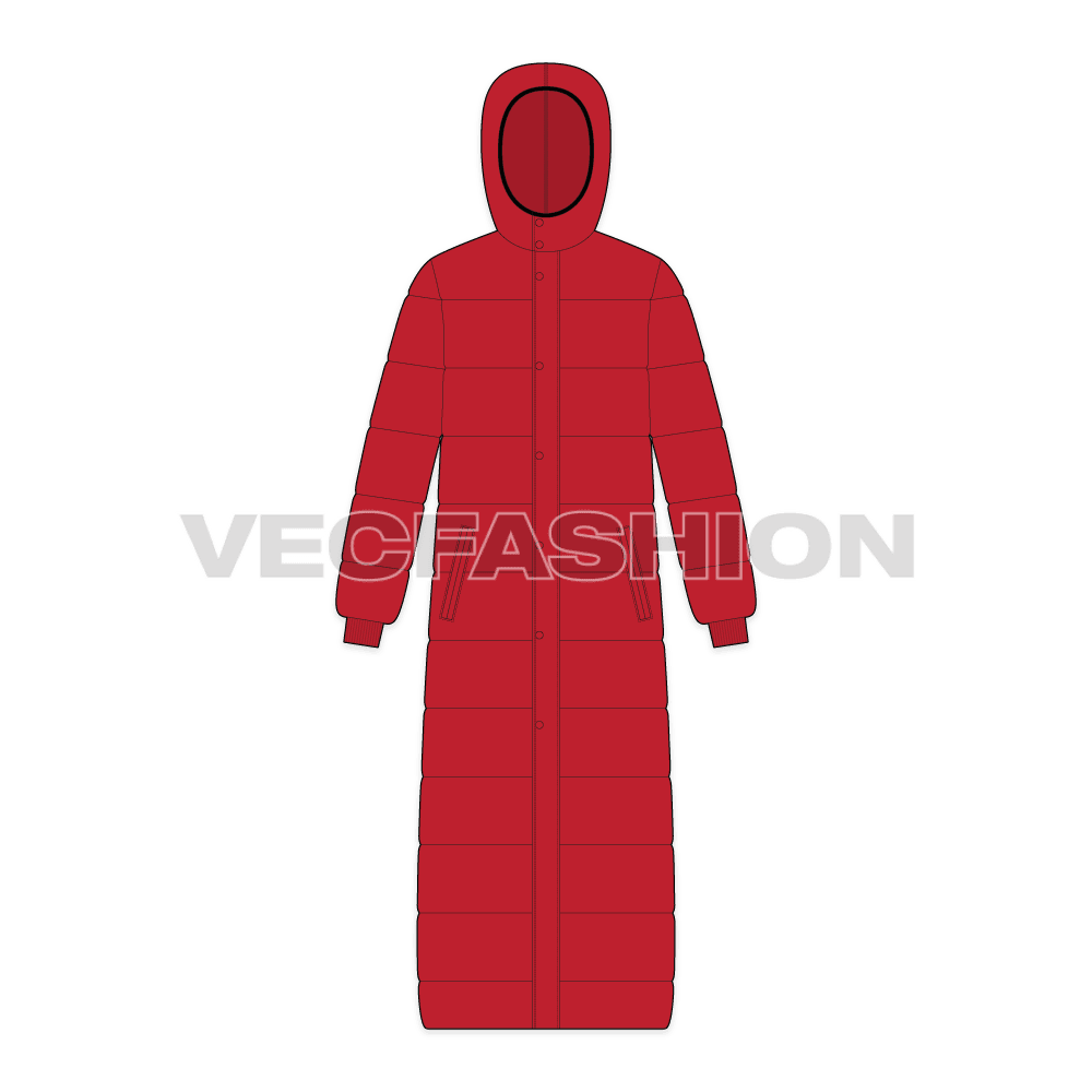Mens Full Length Puffer Coat flat sketch, front view