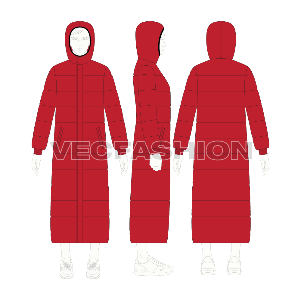 Mens Full Length Puffer Coat flat sketch, croqui sketch