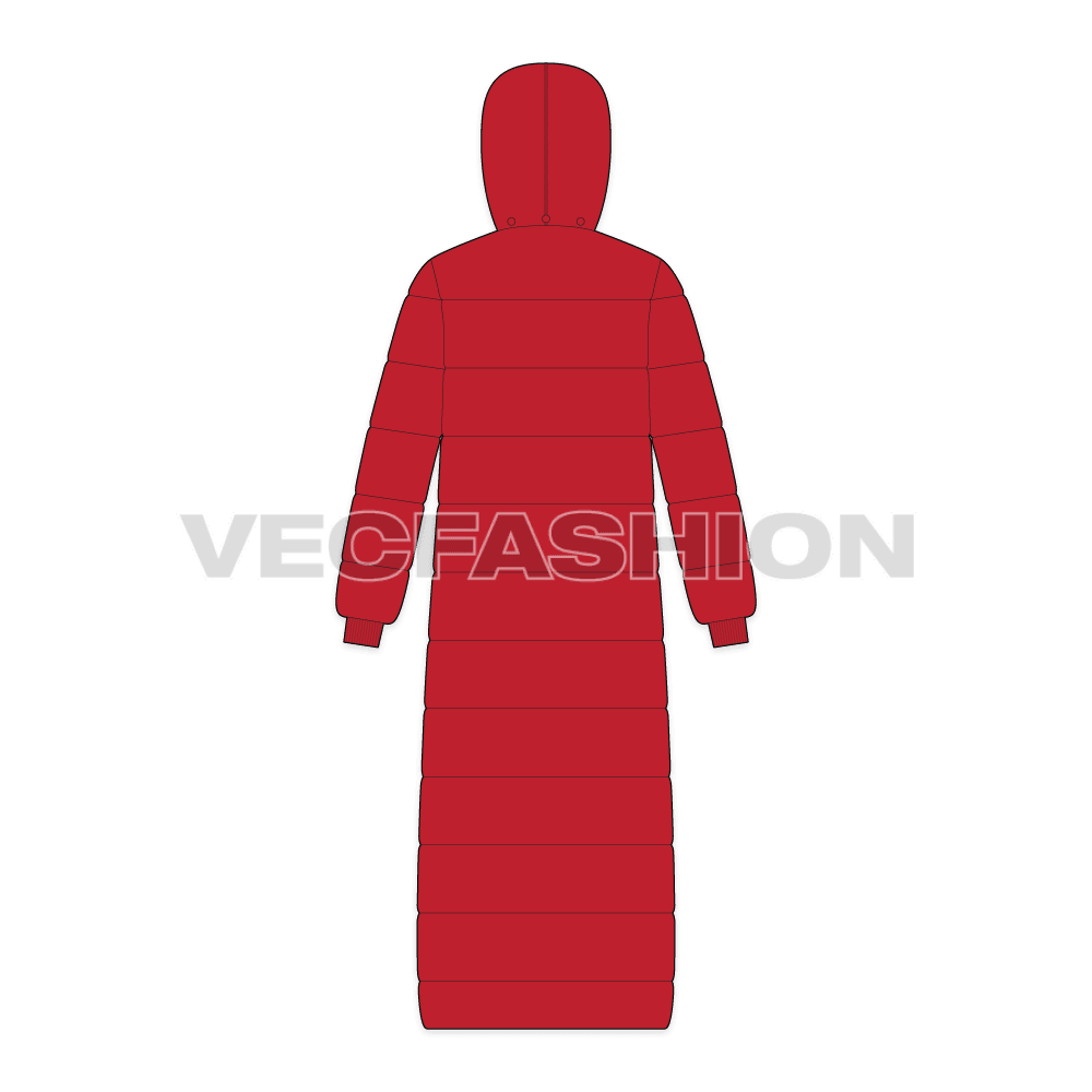 Mens Full Length Puffer Coat flat sketch, back view