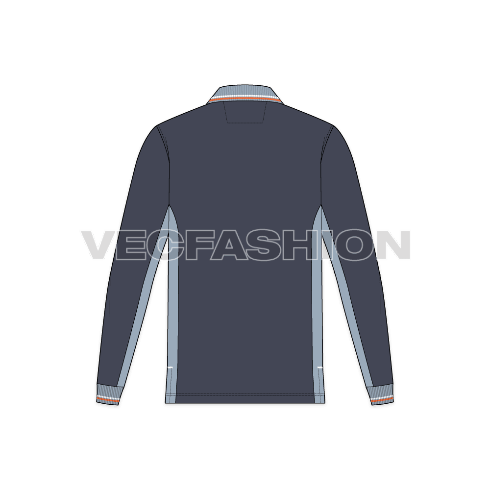 Mens full sleeved polo neck shirt, side panels flat sketch, back view
