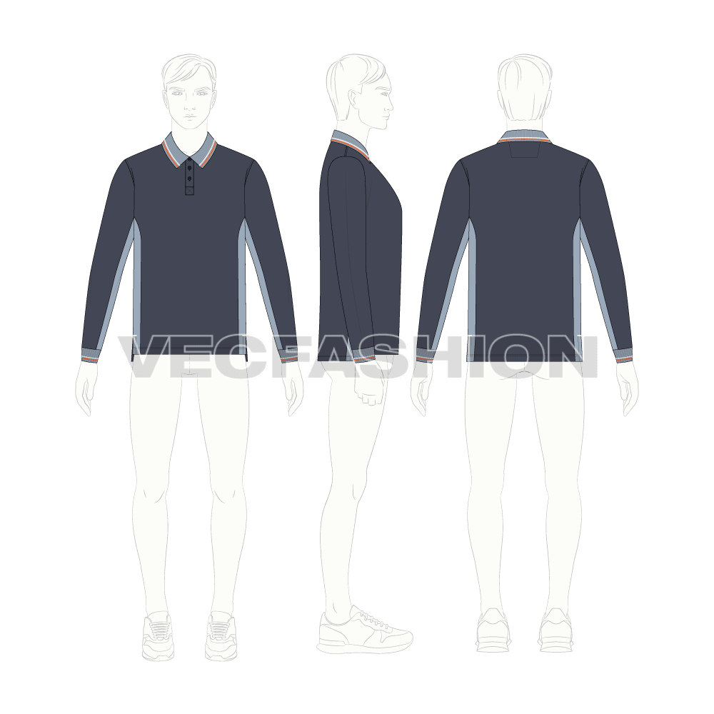 Mens full sleeved polo neck shirt, side panels flat sketch, croqui sketch