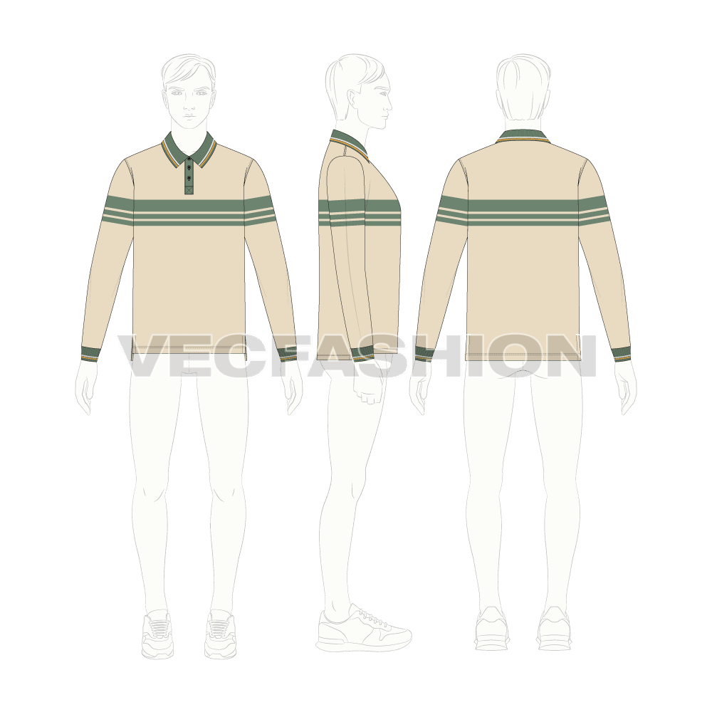 Mens full sleeved polo neck shirt flat sketch, croqui sketch