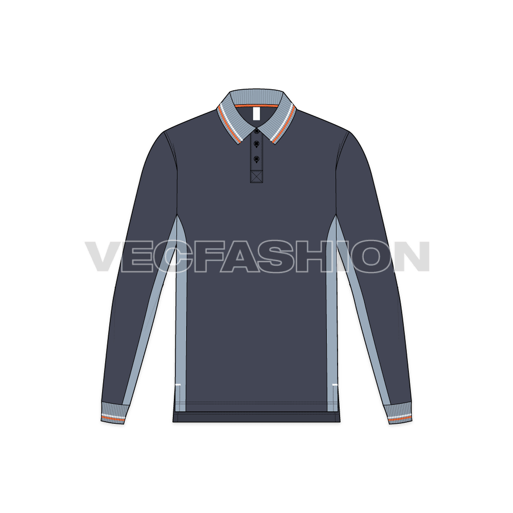 Mens full sleeved polo neck shirt, side panels flat sketch, front view