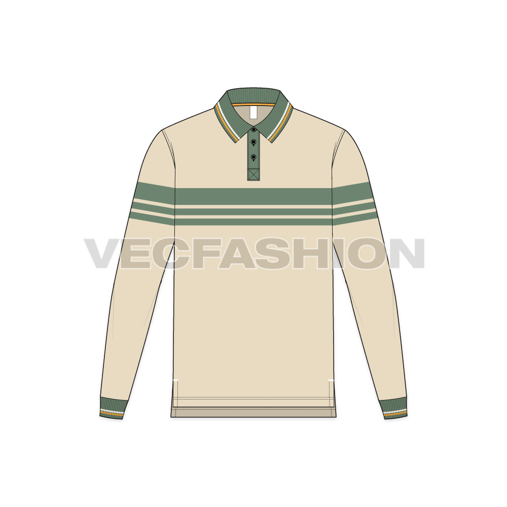 Mens full sleeved polo neck shirt flat sketch, front view