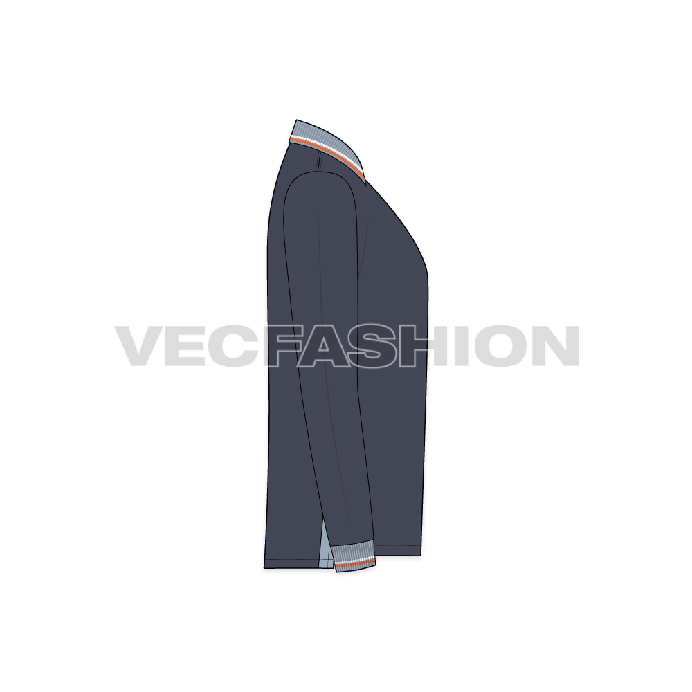 Mens full sleeved polo neck shirt, side panels flat sketch, side view