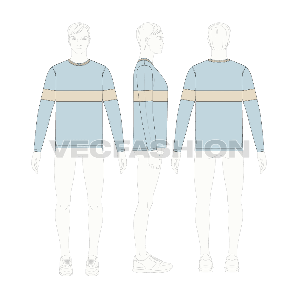 Mens full sleeved round neck shirt flat sketch, croqui sketch