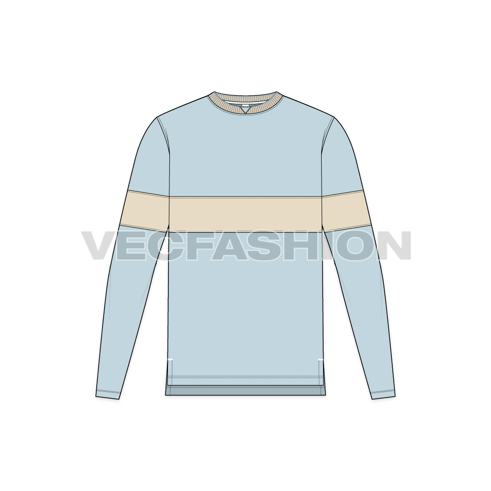 Mens full sleeved round neck shirt flat sketch, front view