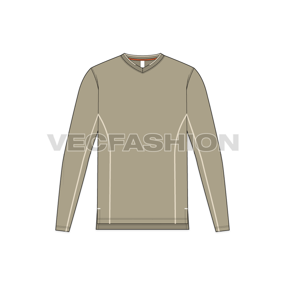 Mens full sleeved v-neck shirt flat sketch, front view
