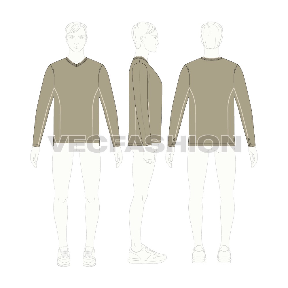 Mens full sleeved v-neck shirt flat sketch, croqui sketch