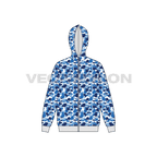 Mens full zip-up camo hoodie flat sketch, front view