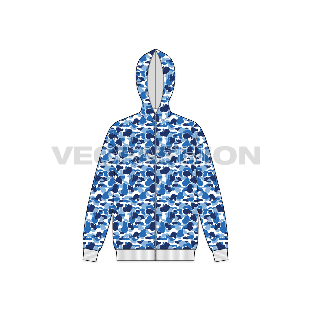 Mens full zip-up camo hoodie flat sketch, front view