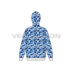 Mens full zip-up camo hoodie flat sketch, back view