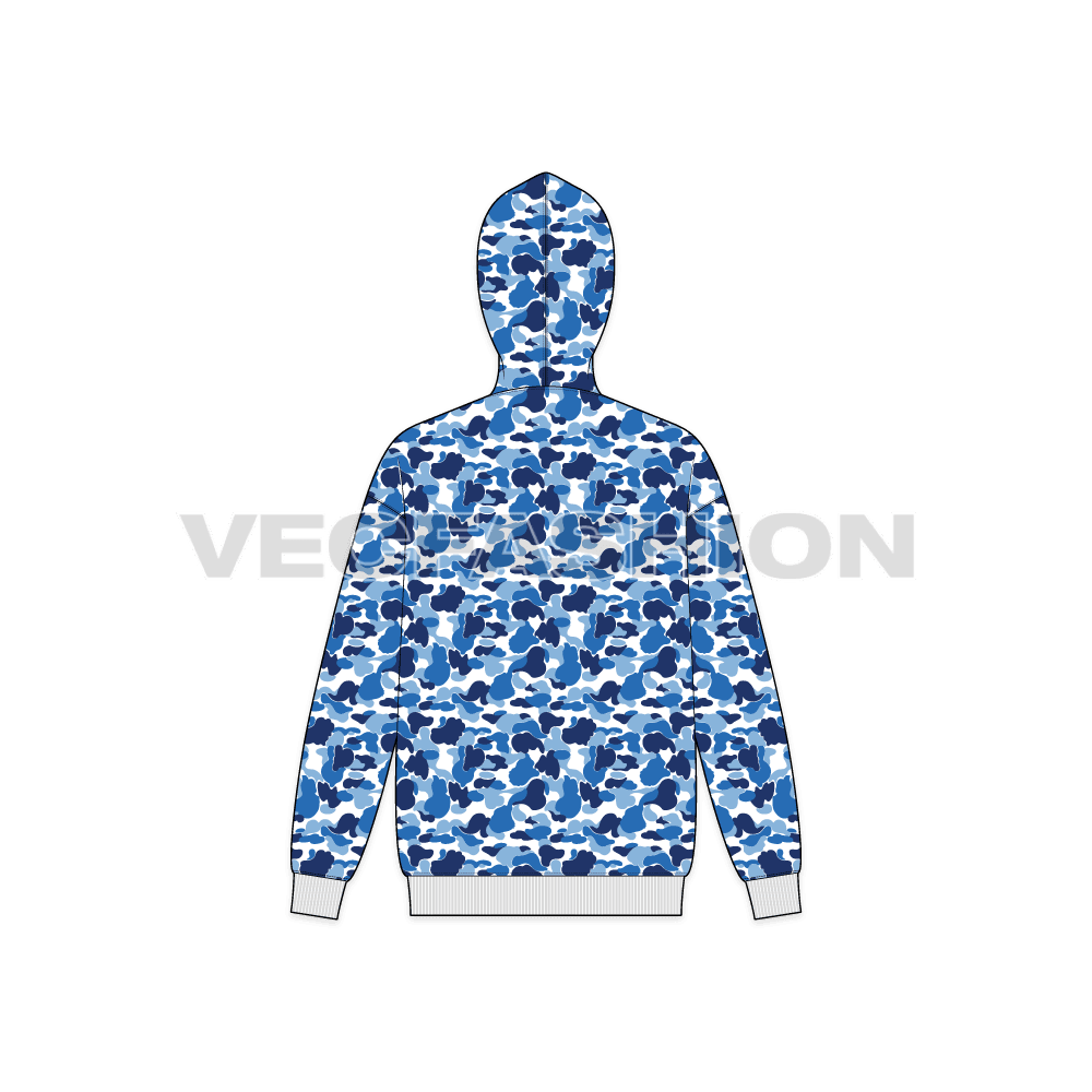 Mens full zip-up camo hoodie flat sketch, back view