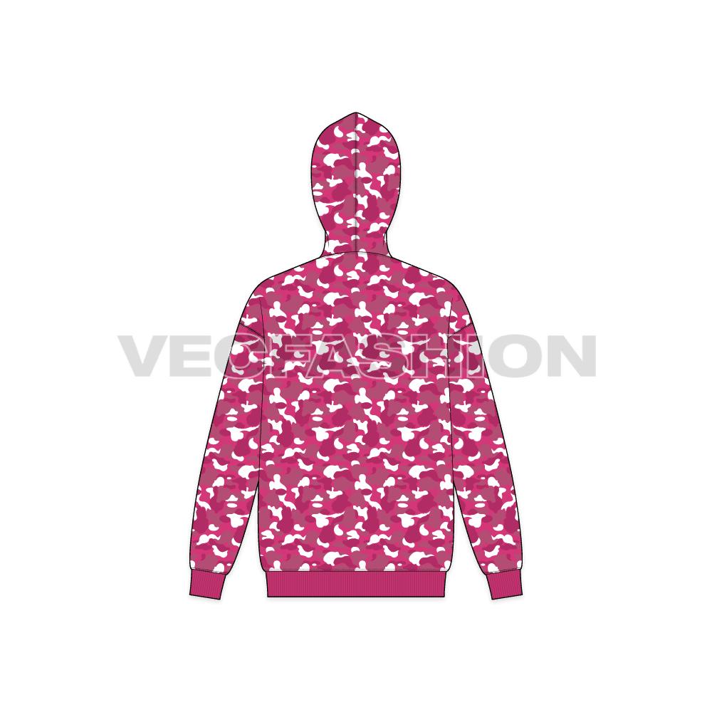 Mens full zip-up camo hoodie, streetwear flat sketch, back view
