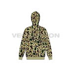 Mens full zip-up camo hoodie, tech pack flat sketch, back view