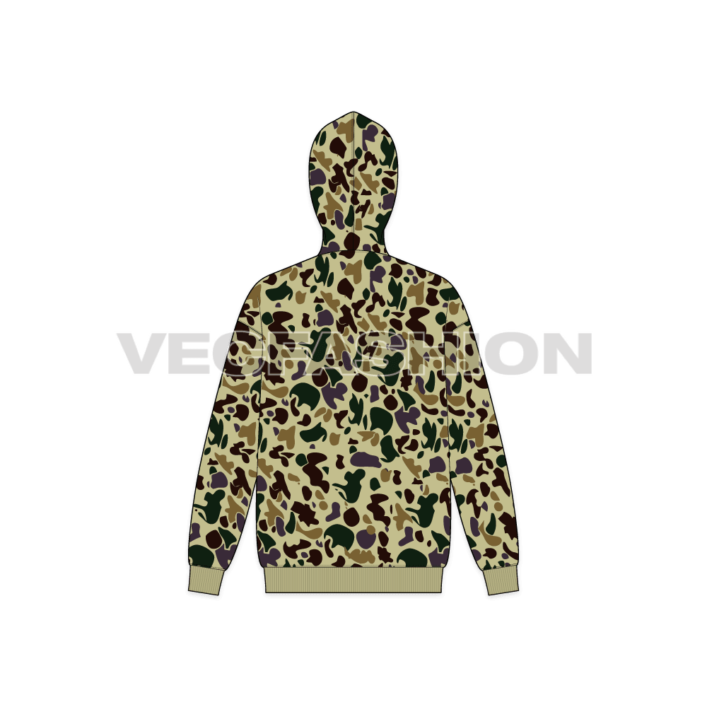 Mens full zip-up camo hoodie, tech pack flat sketch, back view