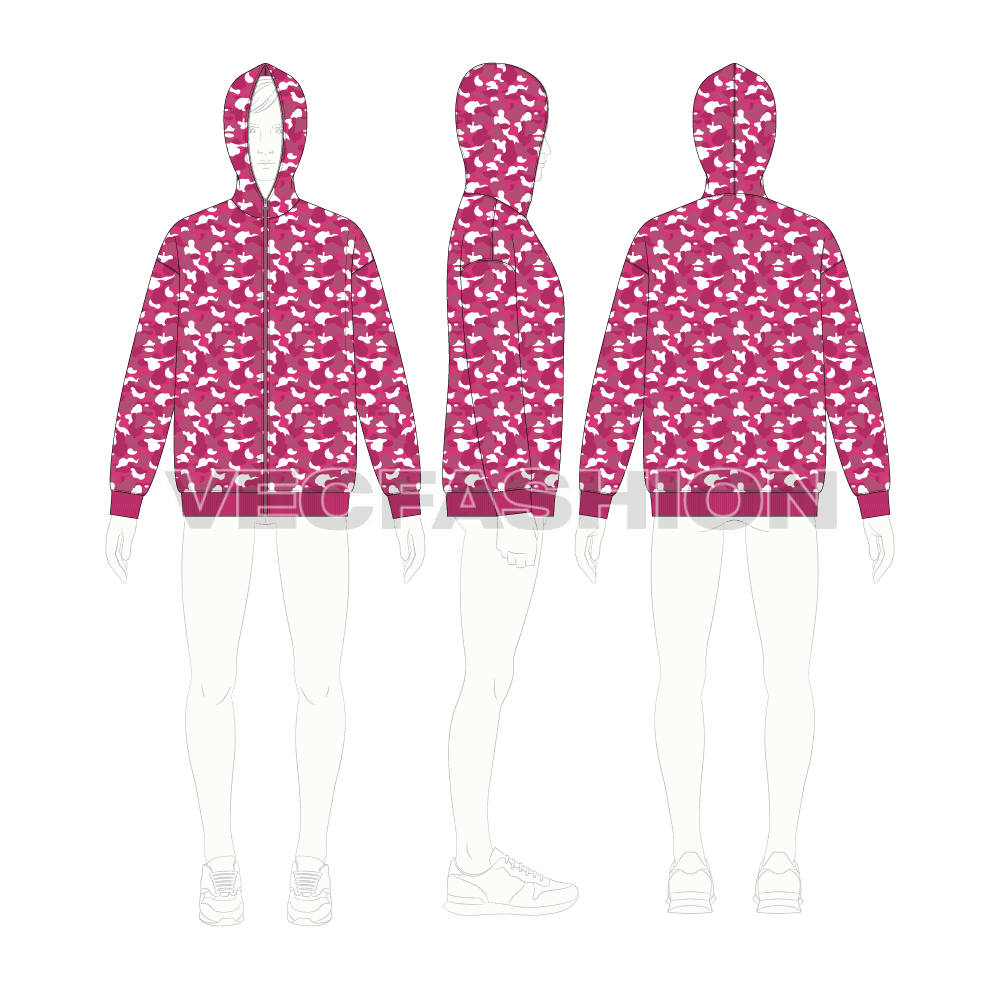 Mens full zip-up camo hoodie, streetwear flat sketch, croqui sketch