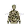 Mens full zip-up camo hoodie, tech pack flat sketch, front view