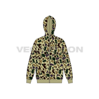 Mens full zip-up camo hoodie, tech pack flat sketch, front view