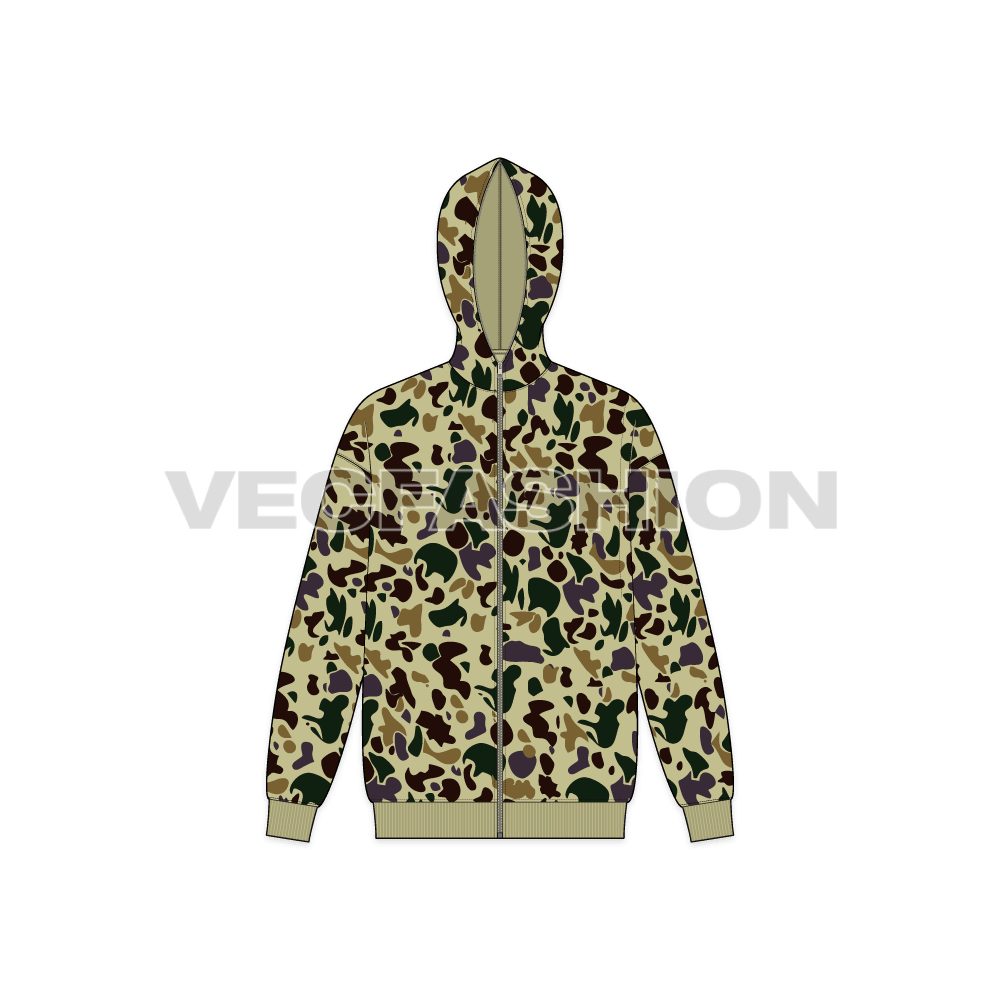 Mens full zip-up camo hoodie, tech pack flat sketch, front view
