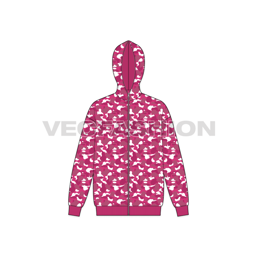 Mens full zip-up camo hoodie, streetwear flat sketch, front view