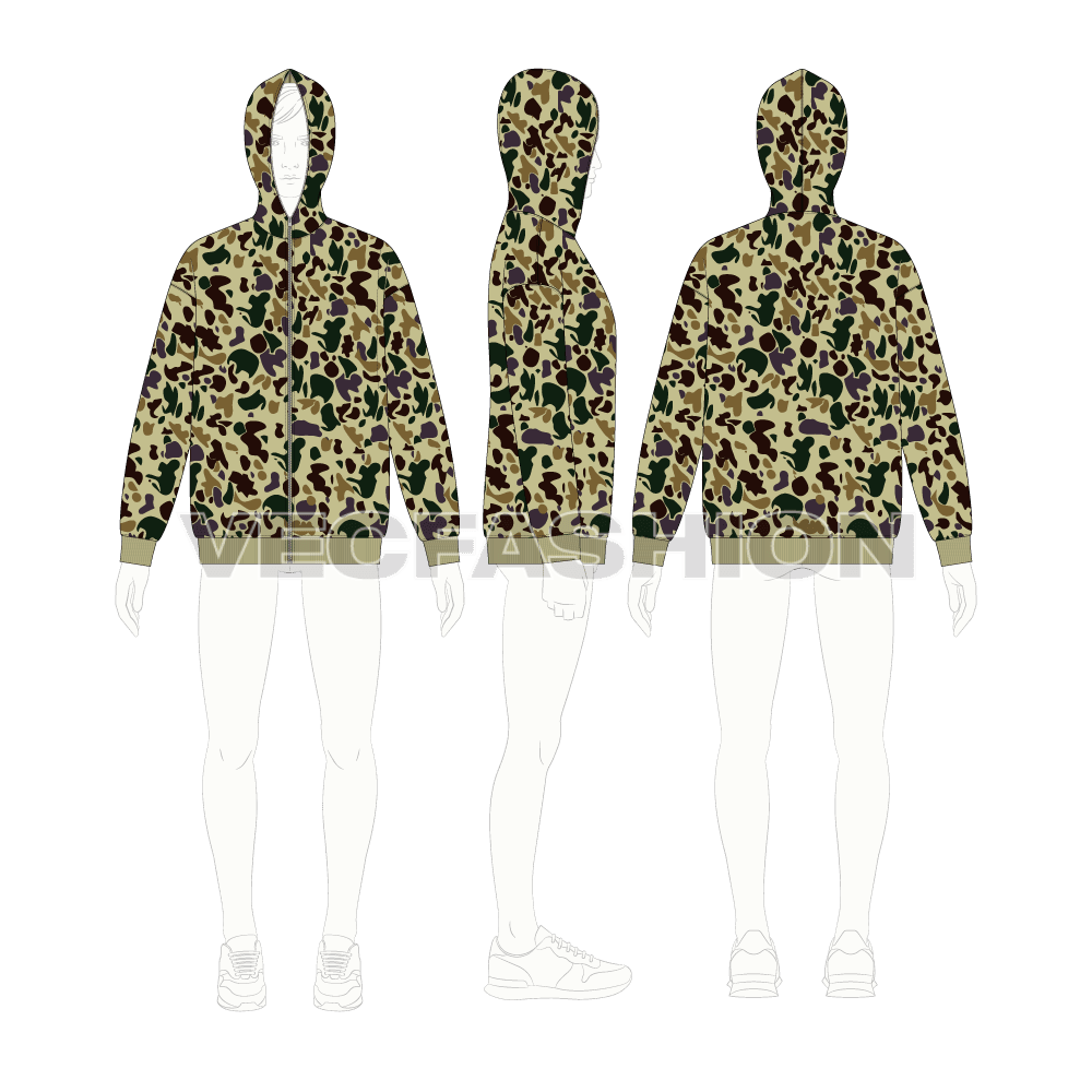 Mens full zip-up camo hoodie, tech pack flat sketch, croqui sketch
