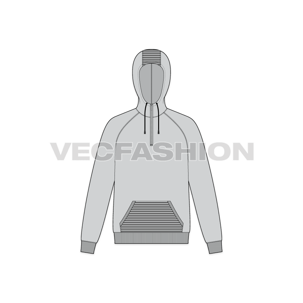 Mens gray pullover hoodie flat sketch, front view