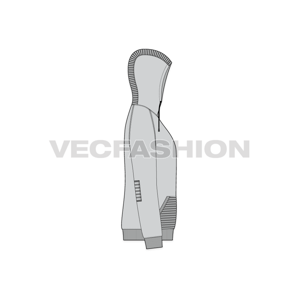 Mens gray pullover hoodie flat sketch, side view