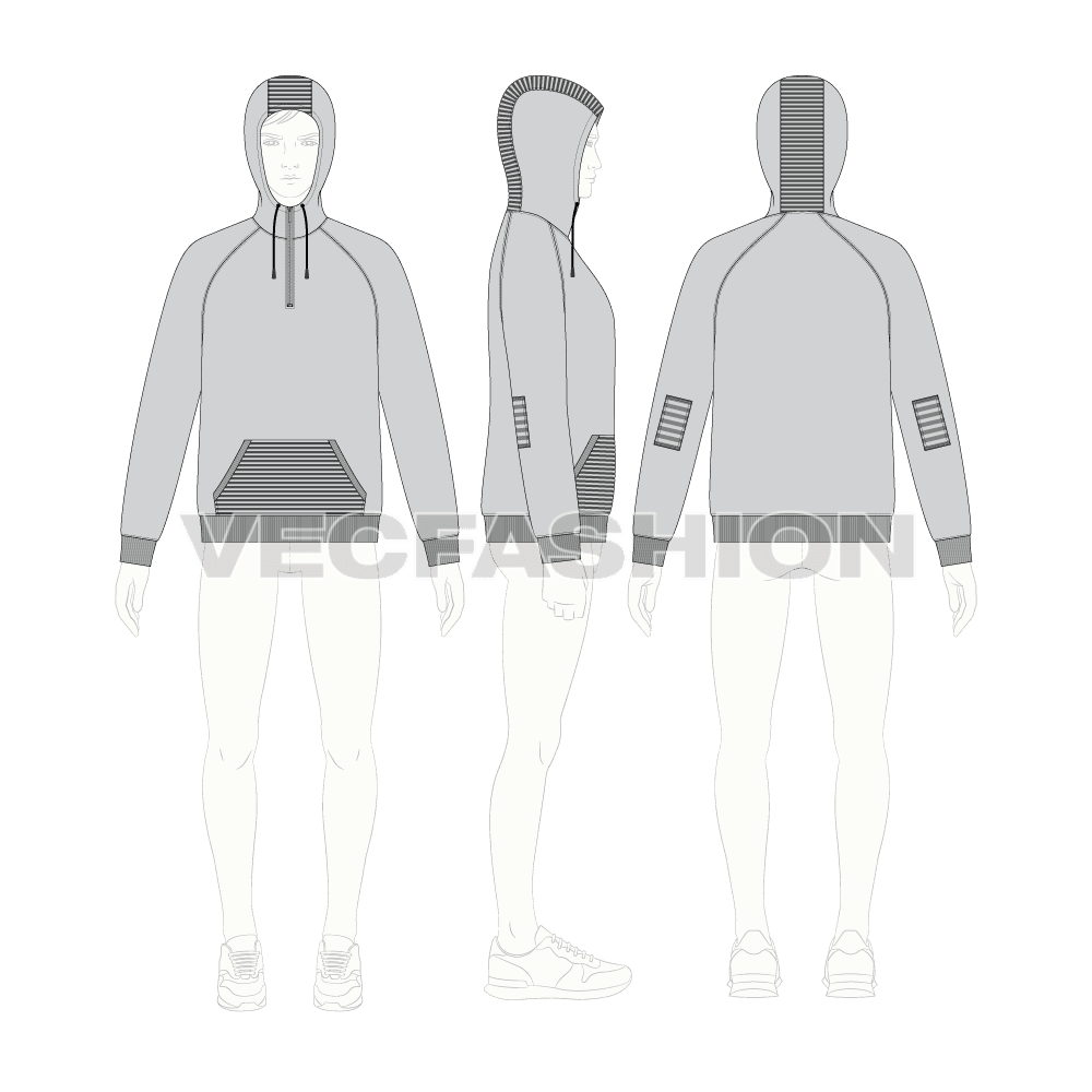 Mens gray pullover hoodie flat sketch, croqui sketch