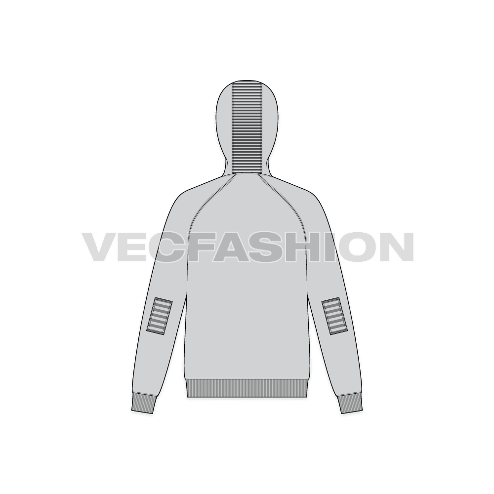 Mens gray pullover hoodie flat sketch, back view