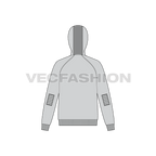 Mens gray pullover hoodie flat sketch, back view