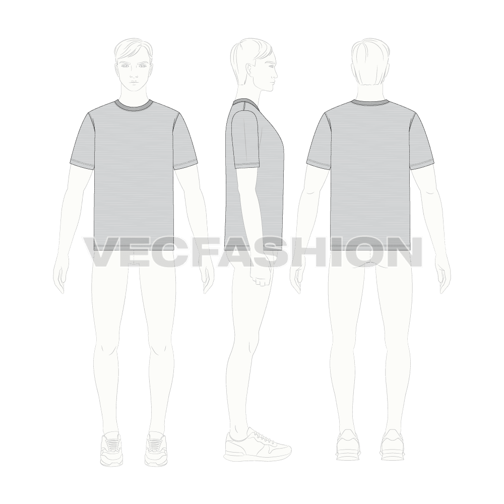 Mens gray round neck t-shirt flat sketch, croqui sketch