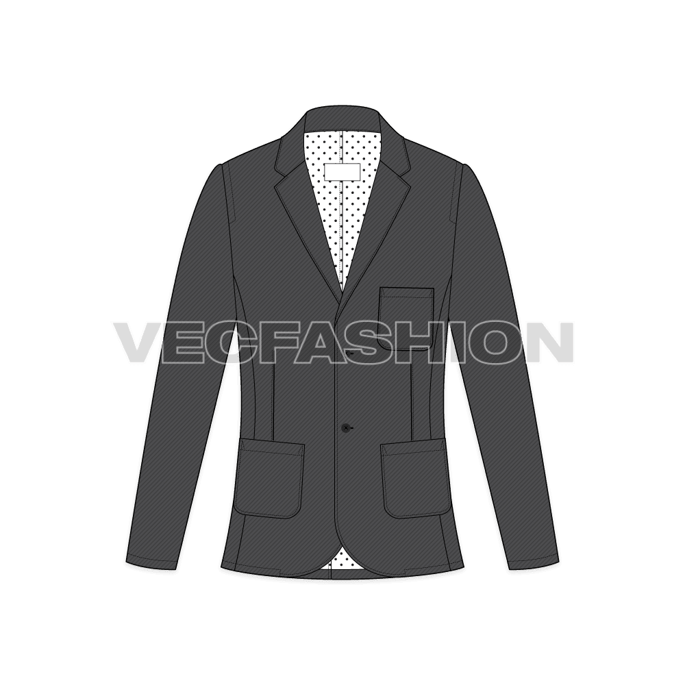 Mens Gray Slim-fit Sport Jacket flat sketch, front view