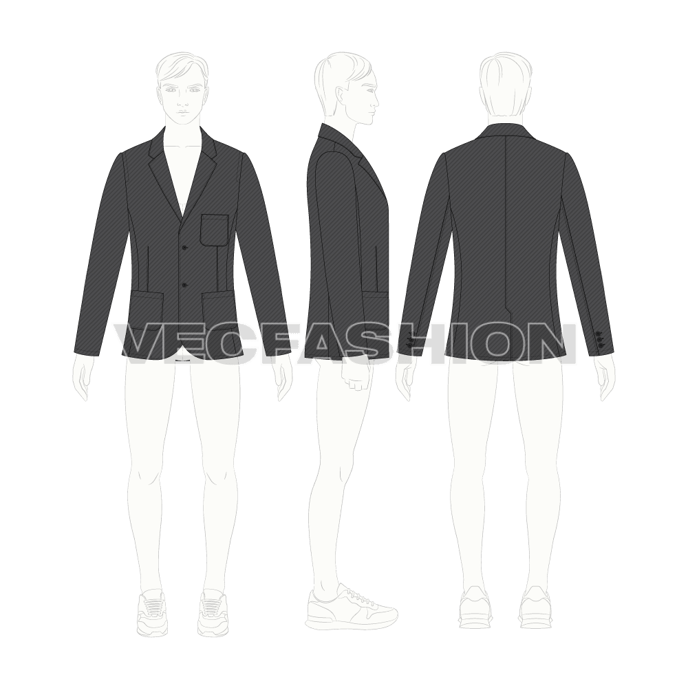 Mens Gray Slim-fit Sport Jacket flat sketch, croqui sketch