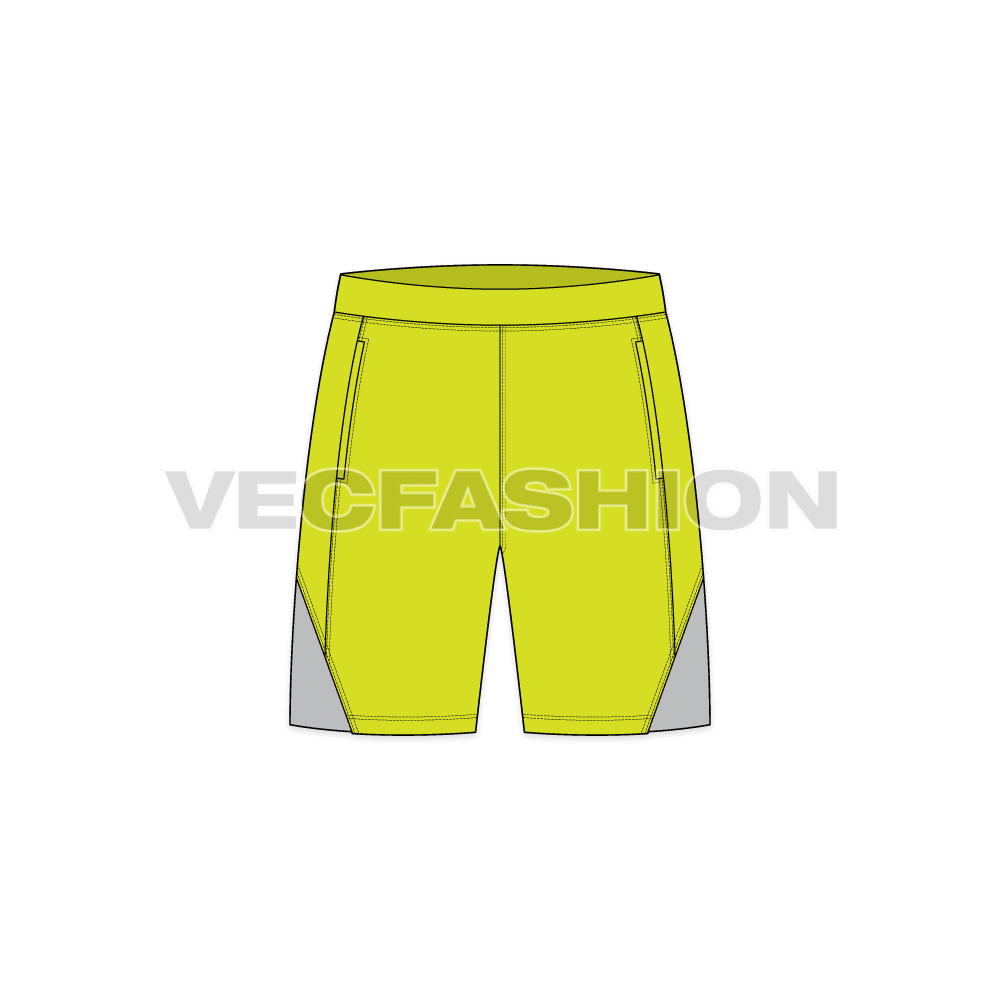 Mens gym shorts flat sketch, front view