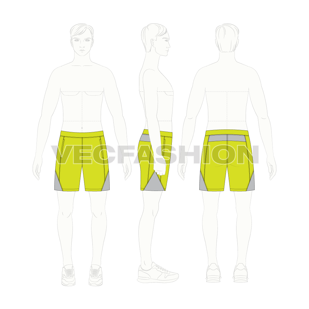 Mens gym shorts flat sketch, croqui sketch