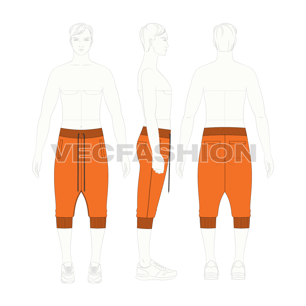 Mens harem joggers below knee flat sketch, croqui sketch