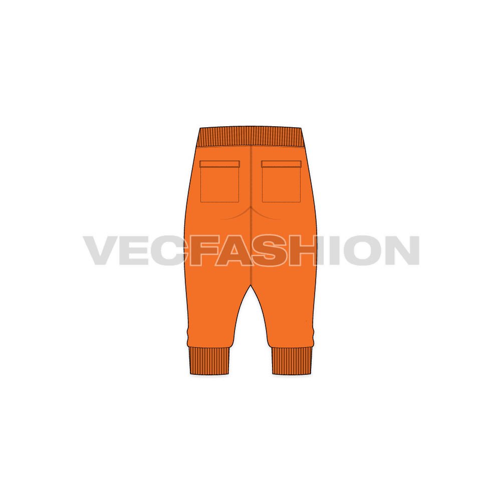 Mens harem joggers below knee flat sketch, back view