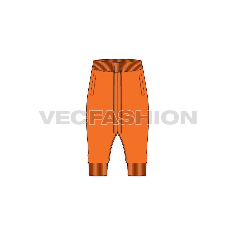 Mens harem joggers below knee flat sketch, front view