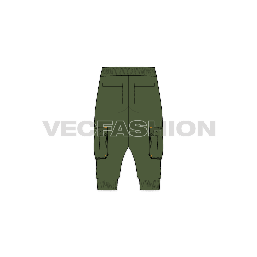 Mens harem pants below knee flat sketch, back view