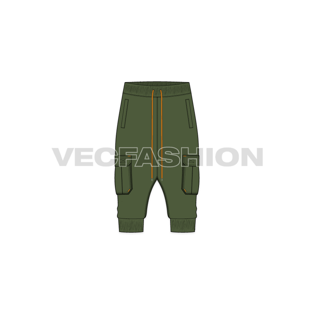 Mens harem pants below knee flat sketch, front view