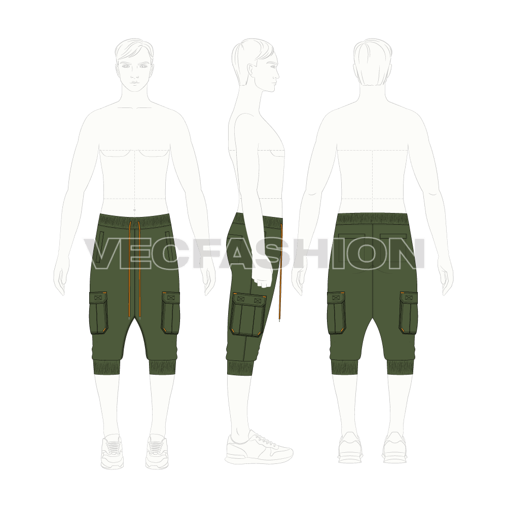 Mens harem pants below knee flat sketch, croqui sketch