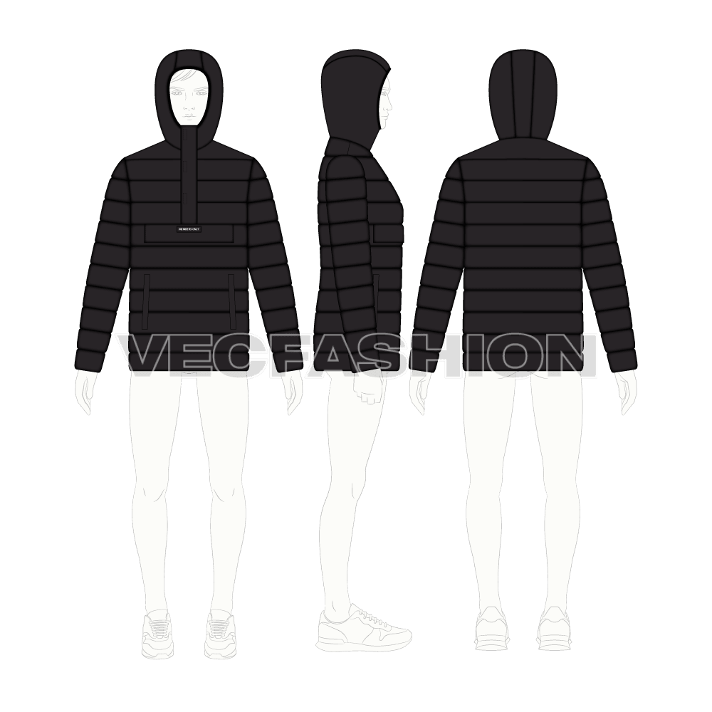Mens Heavy Quilted Jacket flat sketch, croqui sketch